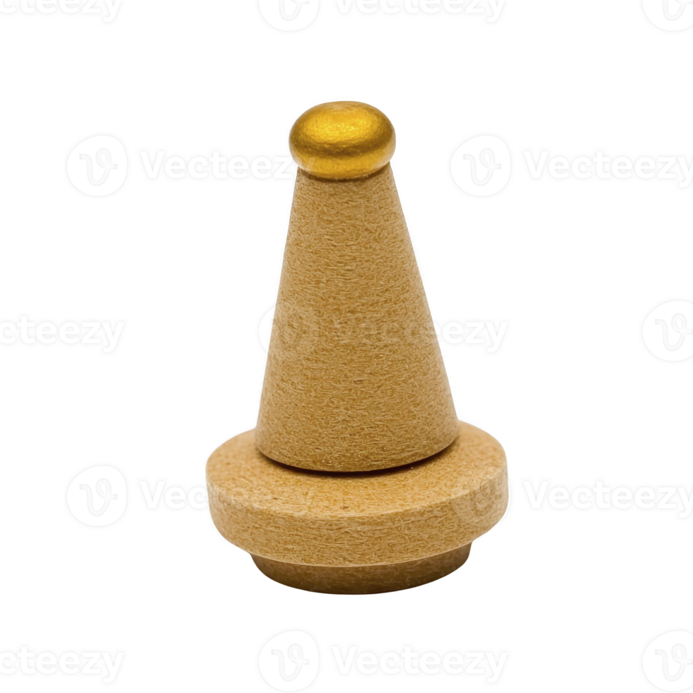 Wooden toy cone with smooth texture and golden tip, designed for stacking or balancing games. simple design and natural material make it suitable for children play png