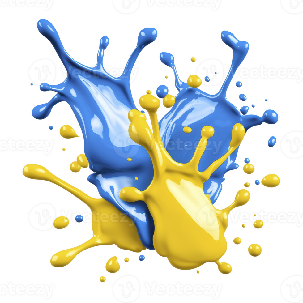 Blue and yellow paint splashes collide in mid air, creating dynamic and vibrant abstract composition. glossy texture and fluid motion convey energy and creativity png