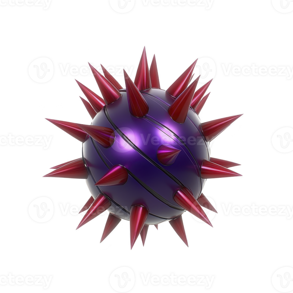 Spiky purple sphere with red spikes, resembling virus or abstract 3D object, isolated on transparency background. design is futuristic and sharp, evoking sense of danger png