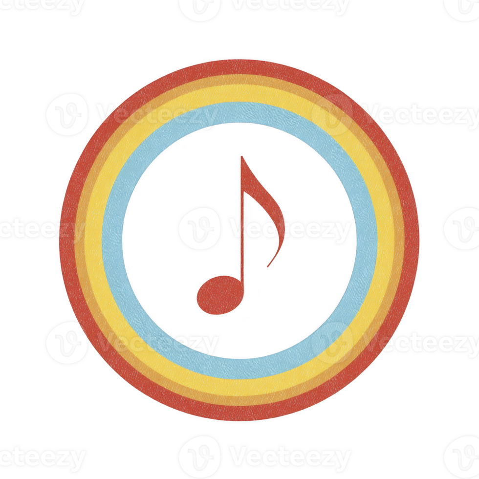 Colorful circular design features central musical note surrounded by concentric rainbow rings, creating vibrant and artistic representation of music png