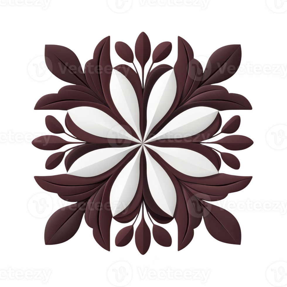 Symmetrical floral design featuring layered maroon and white petals creates elegant and artistic pattern. intricate arrangement of leaves and petals forms harmonious and decorative motif png