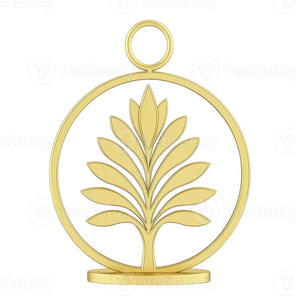 Golden decorative ornament featuring stylized tree design within circular frame, symbolizing growth and elegance. shiny metallic finish adds touch of luxury and sophistication png