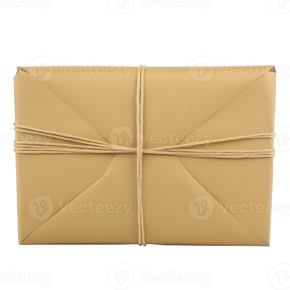 Neatly wrapped brown paper package tied with string, evoking sense of anticipation and simplicity. package is rectangular and secured with natural twine, suggesting handmade or vintage feel png