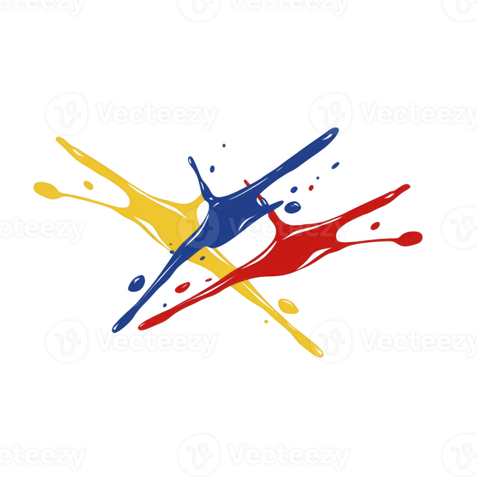 Colorful splashes of yellow, blue, and red paint intersect dynamically, creating energetic and abstract design. vibrant colors and fluid shapes convey sense of movement and creativity png