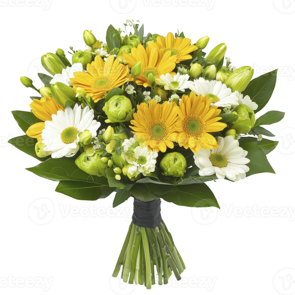 Vibrant bouquet of yellow and white flowers, including daisies and roses, with lush green leaves, beautifully arranged and tied with black ribbon png