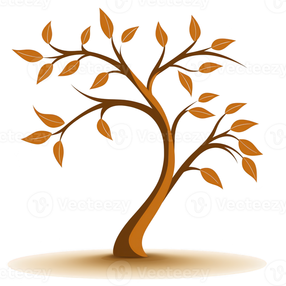 Stylized illustration of tree with curved trunk and branches, featuring brown leaves, set against transparency background. design is simple and elegant, evoking sense of nature and growth png