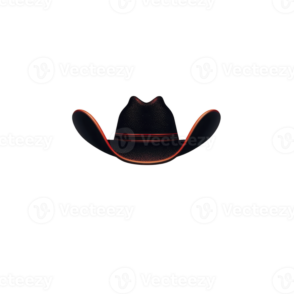 Black cowboy hat with red trim and band is centered on transparency background, showcasing classic Western style. hat wide brim and distinctive shape evoke sense of adventure and rugged charm png