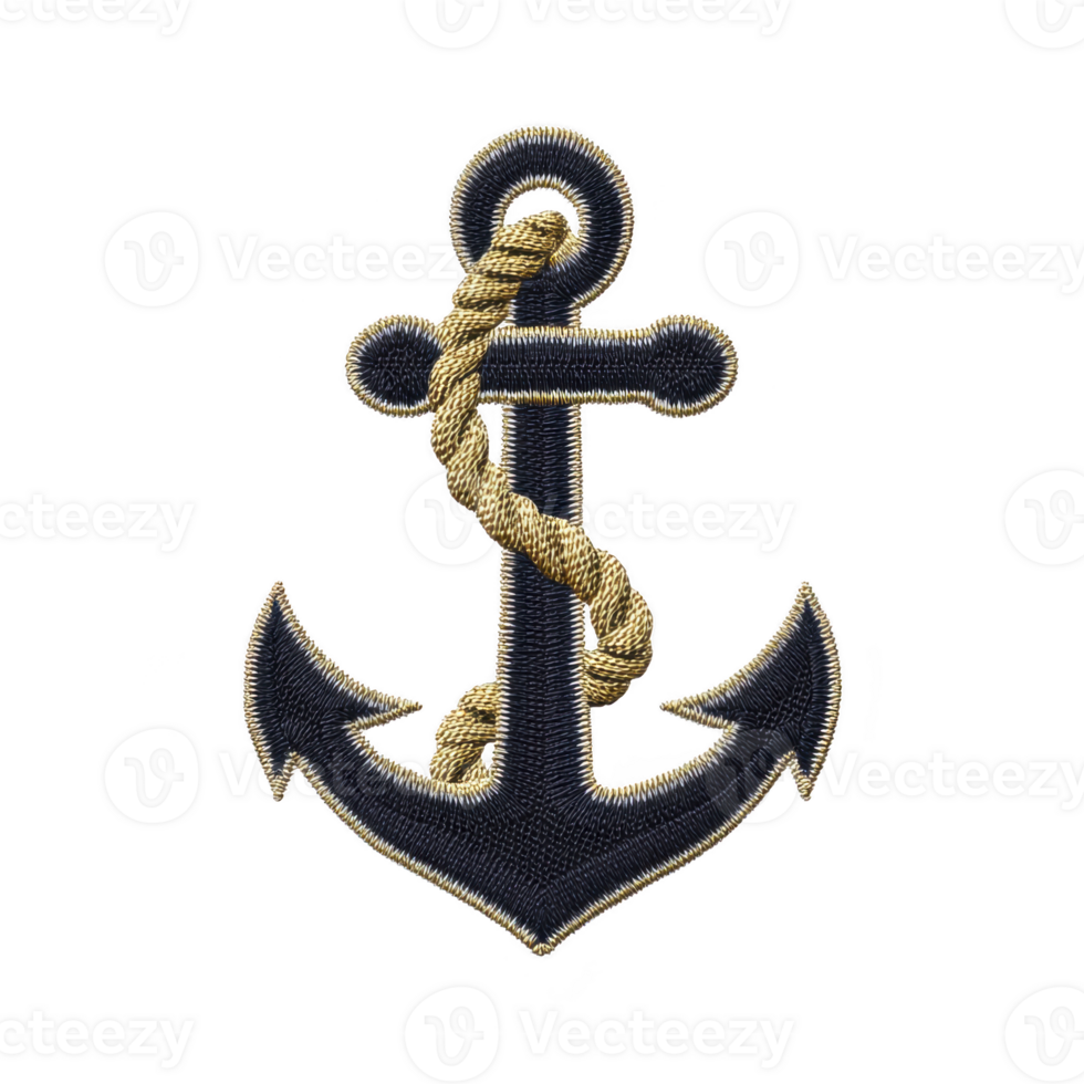 Detailed embroidered anchor patch with gold rope wrapped around it, symbolizing nautical themes and maritime adventures. design is intricate and classic png