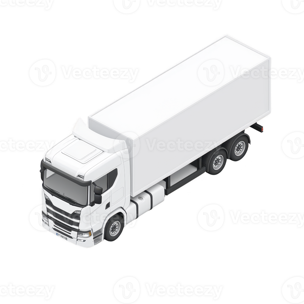 White isometric illustration of semi truck with large trailer, showcasing modern design and clean lines. truck is depicted from elevated angle, highlighting its structure png