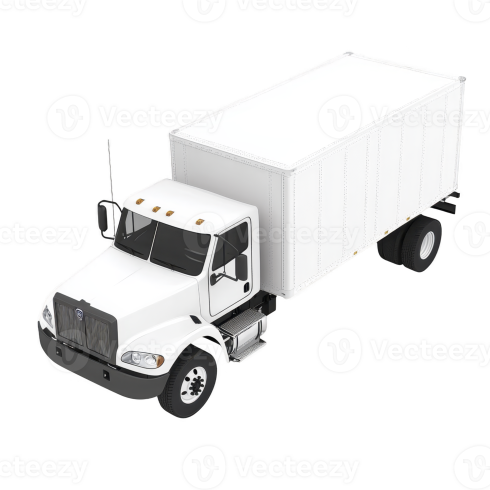 White delivery truck with large cargo box is depicted, showcasing its utility for transporting goods. truck is isolated transparency background, emphasizing its clean and professional appearance png