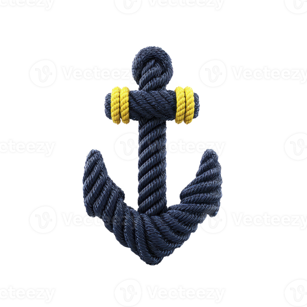 Navy blue rope anchor with yellow accents is depicted against plain background, symbolizing nautical themes and maritime adventures. design is simple yet striking png