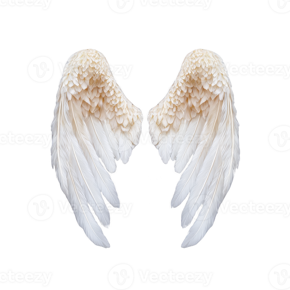 Elegant white angel wings with detailed feathers, symbolizing purity and grace, isolated on transparency background. wings are symmetrical and appear soft and ethereal png