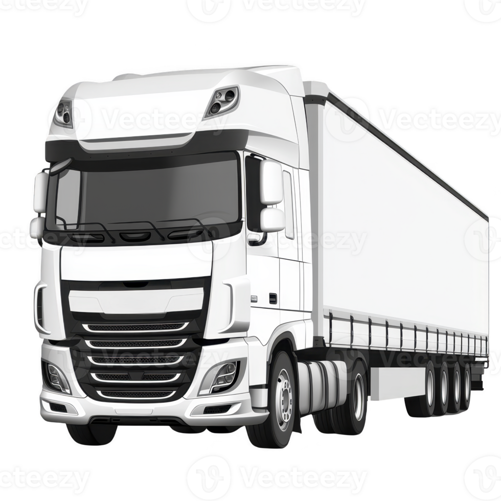 Large white semi truck with trailer is depicted in detailed illustration, showcasing its modern design and aerodynamic features. truck is positioned at angle, highlighting its size and structure png