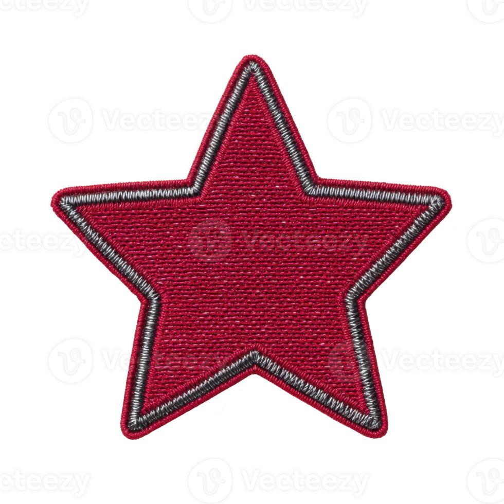 Red star patch with silver border, symbolizing boldness and creativity, perfect for clothing or accessories png
