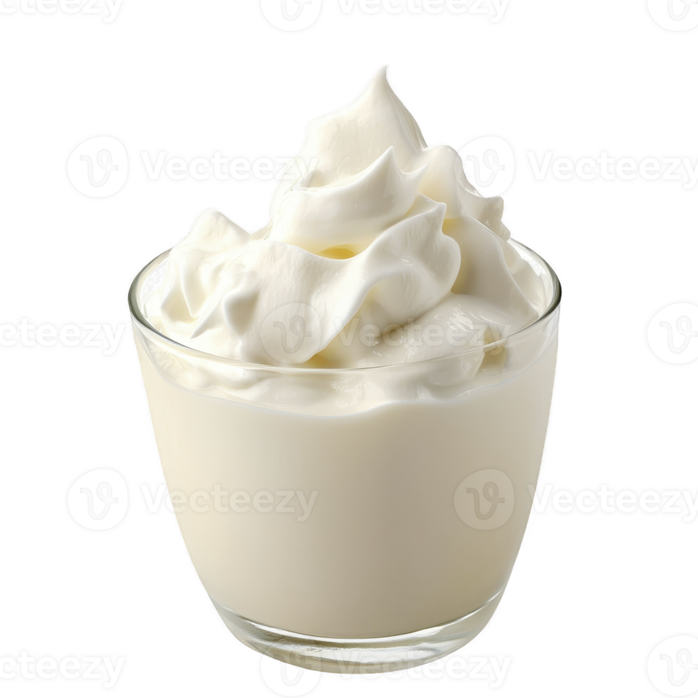 Glass bowl filled with creamy, smooth whipped cream, showcasing its fluffy texture and rich appearance. whipped cream is piled high, creating inviting and indulgent look png