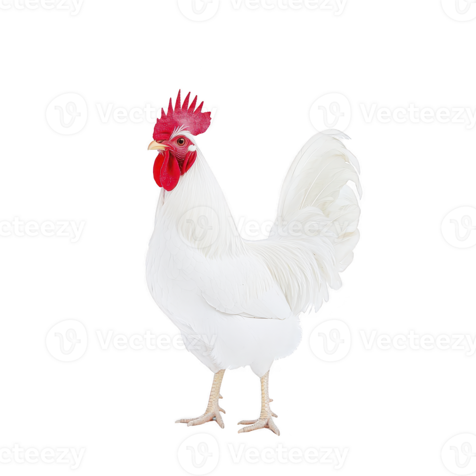 White rooster with vibrant red comb and wattles stands against plain background, showcasing its elegant feathers and proud stance png