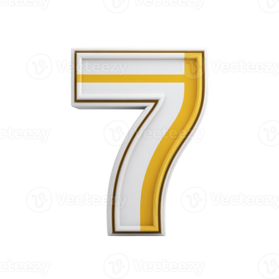 Bold, three dimensional number seven with white and yellow color scheme stands out against transparency background. design is modern and eye catching png