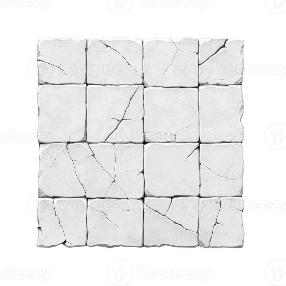 Grid of cracked white stone tiles is arranged in square pattern, creating textured and aged appearance. tiles have visible cracks and irregular edges, adding rustic charm png