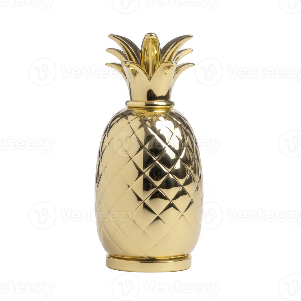 Shiny golden pineapple shaped ornament with textured surface and smooth finish, reflecting light elegantly. This decorative piece adds touch of luxury and tropical flair to any space png