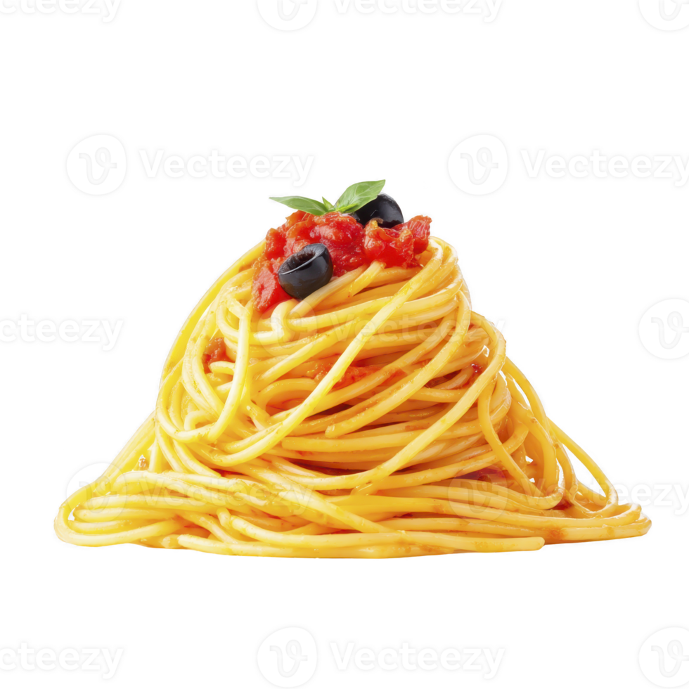Delicious serving of spaghetti topped with tomato sauce, black olives, and fresh basil, creating vibrant and appetizing dish png