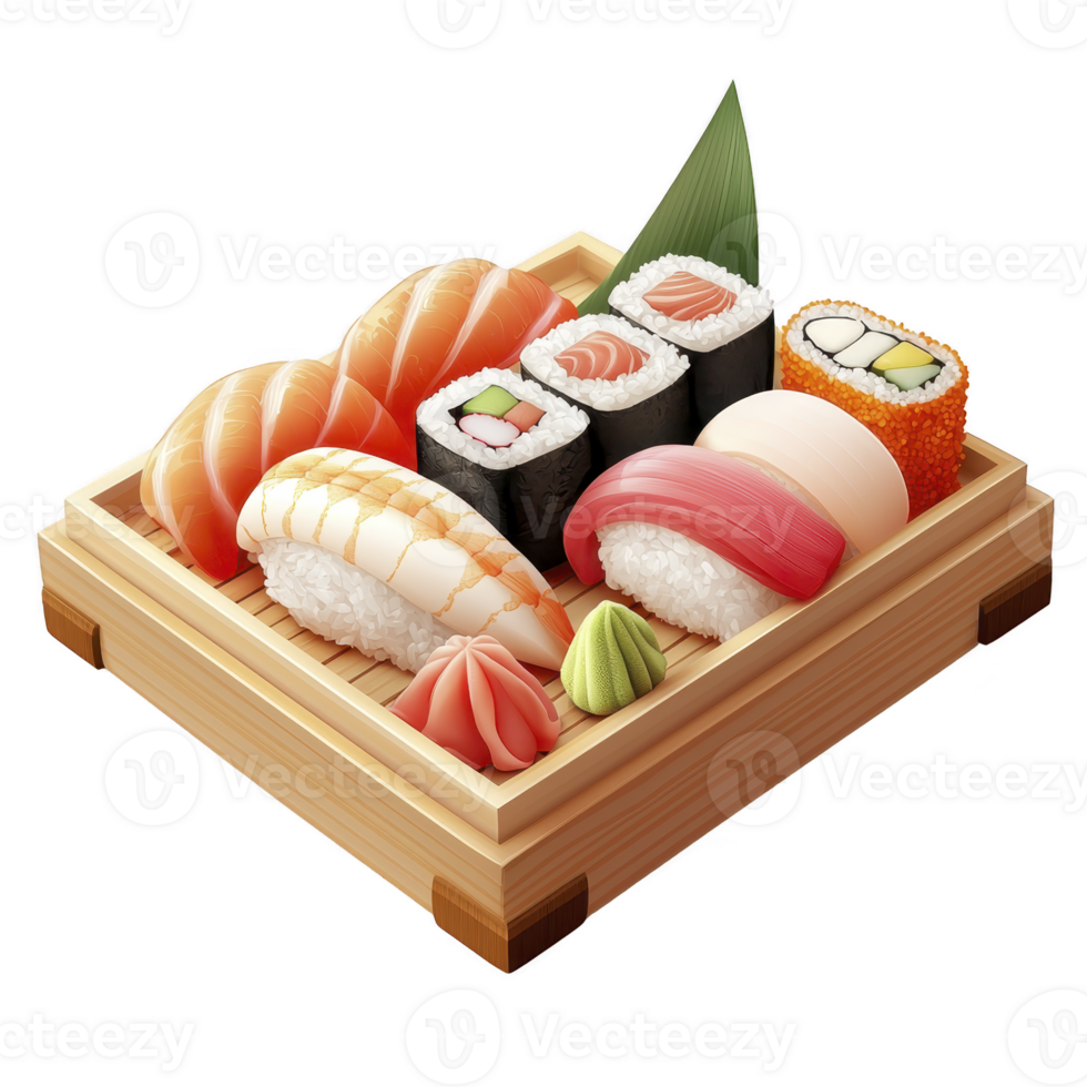 Wooden tray filled with variety of sushi pieces, including nigiri, maki, and sashimi, garnished with wasabi and pickled ginger, showcasing traditional Japanese meal png