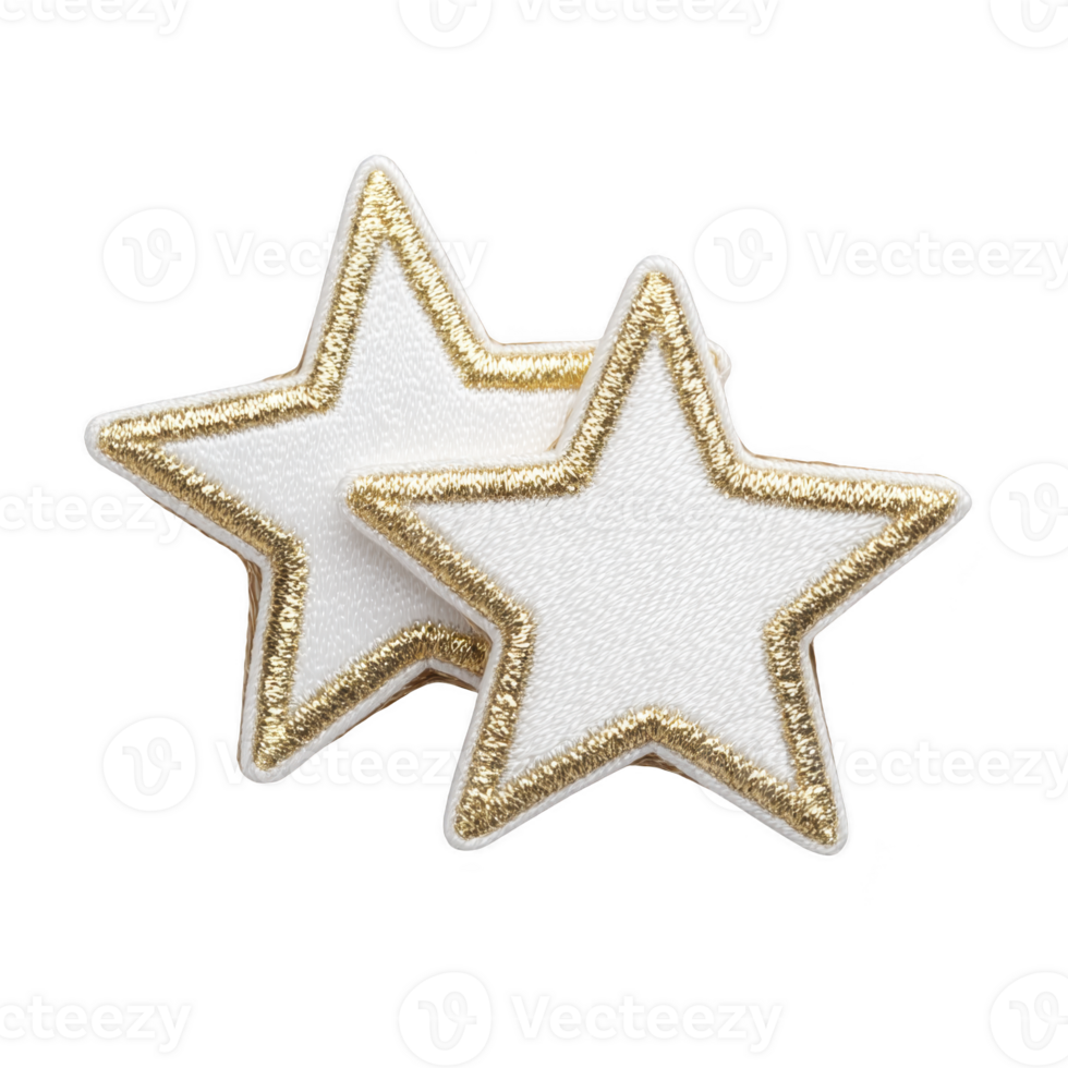 Two white star shaped patches with gold embroidered edges are displayed on transparency background, showcasing simple and elegant design png