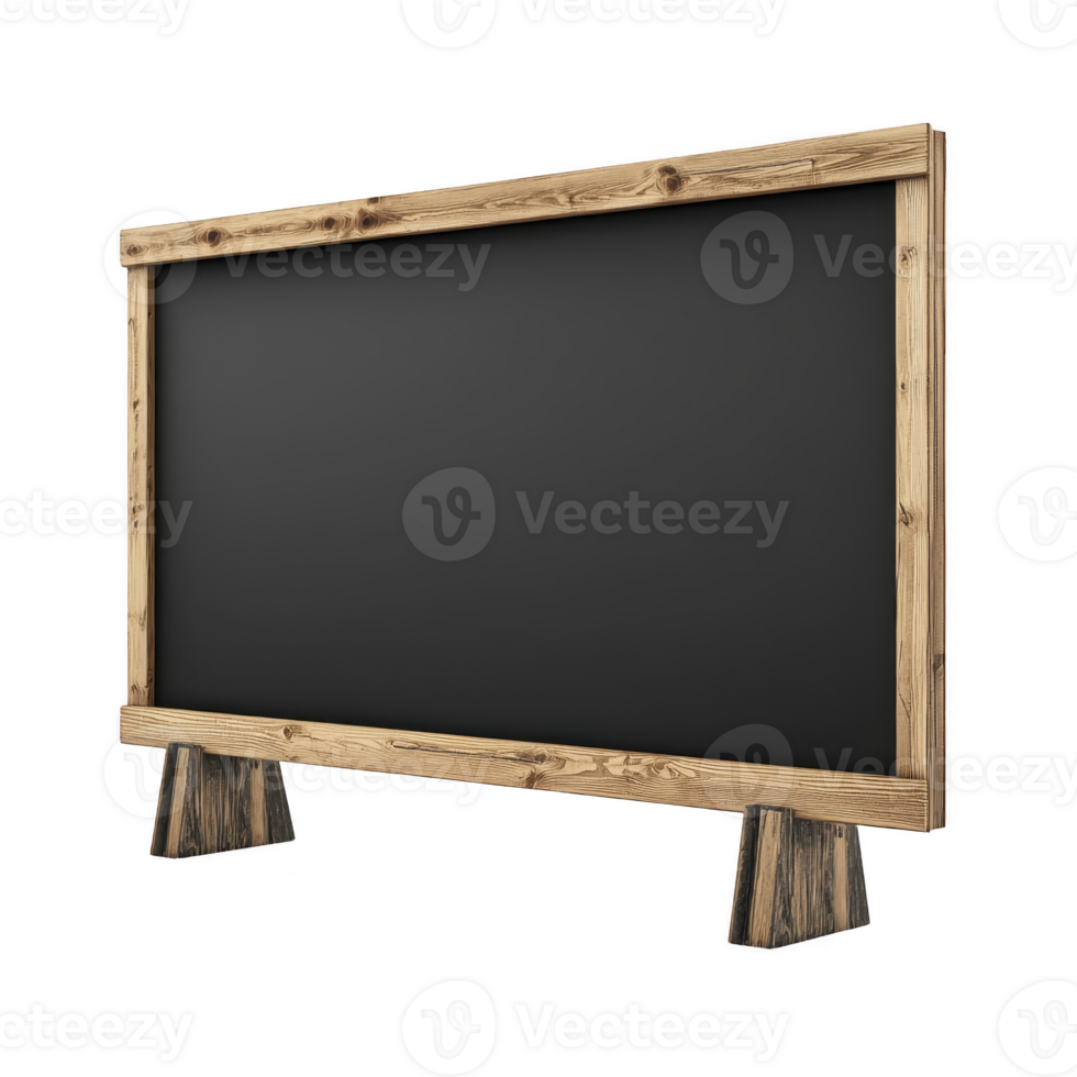 Large wooden framed blackboard stands on sturdy wooden legs, perfect for educational or business presentations. rustic design adds touch of charm to any setting png