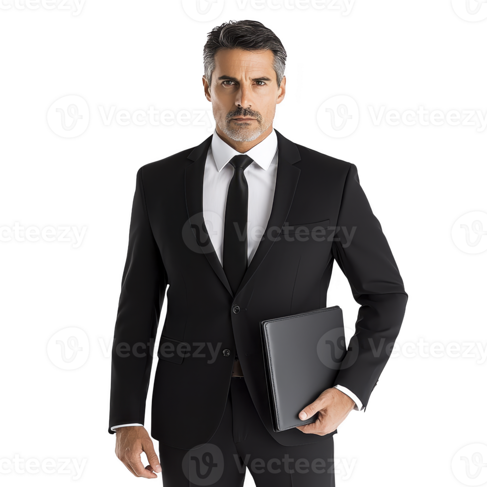Confident businessman in black suit holding folder, exuding professionalism and authority. image conveys sense of leadership and success, ideal for corporate themes png