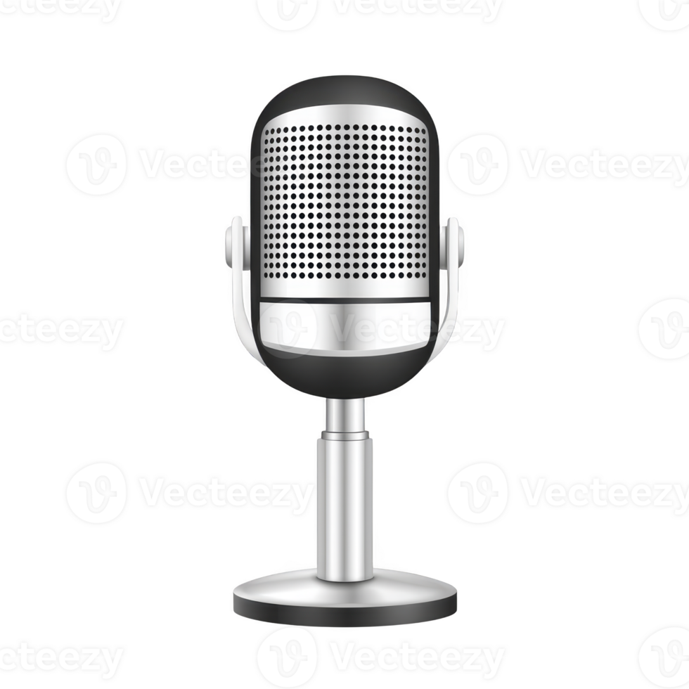 Classic silver and black microphone with vintage design, featuring mesh grille and sturdy stand, perfect for recording or broadcasting png
