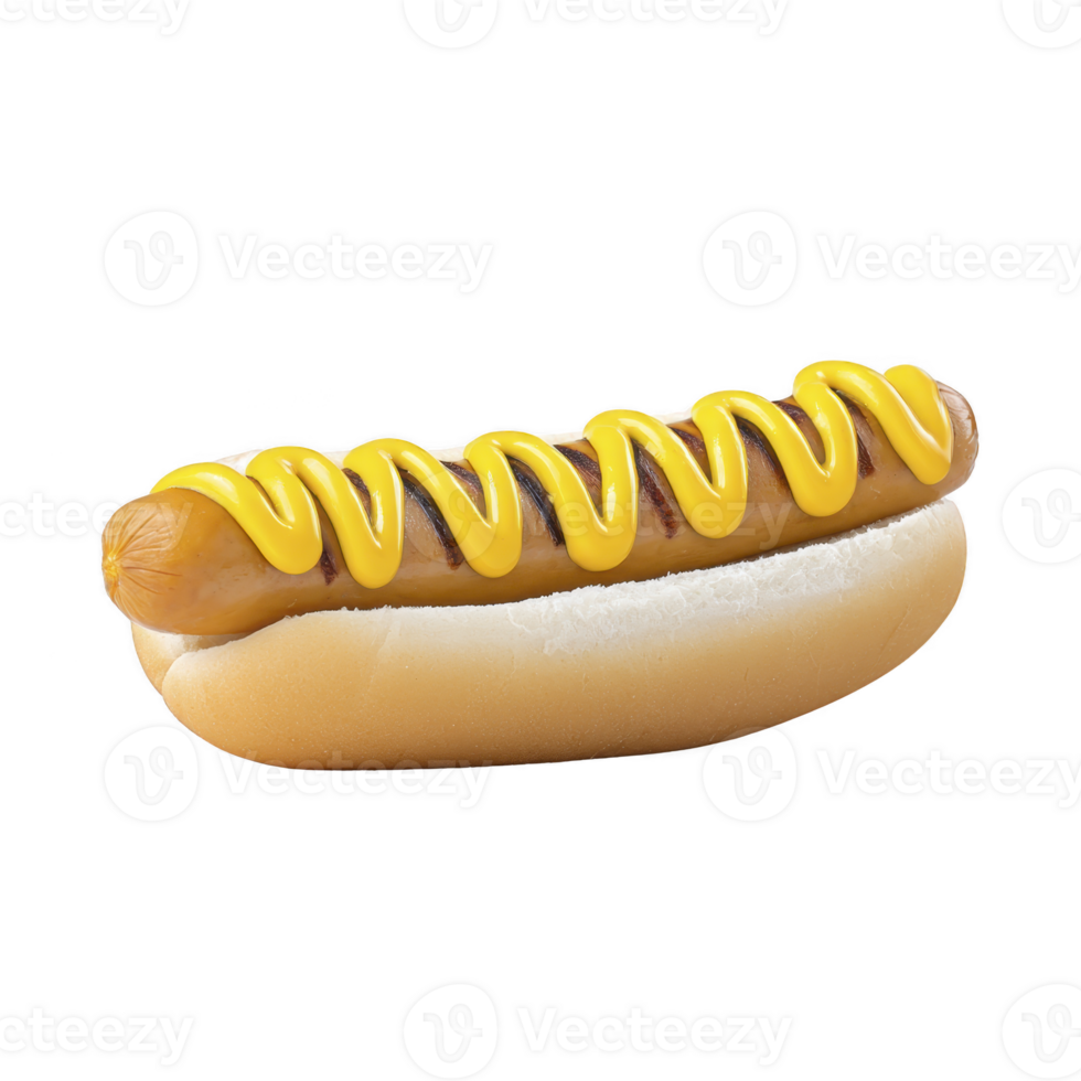 Grilled hot dog in soft bun topped with generous swirl of yellow mustard, creating classic and appetizing snack png