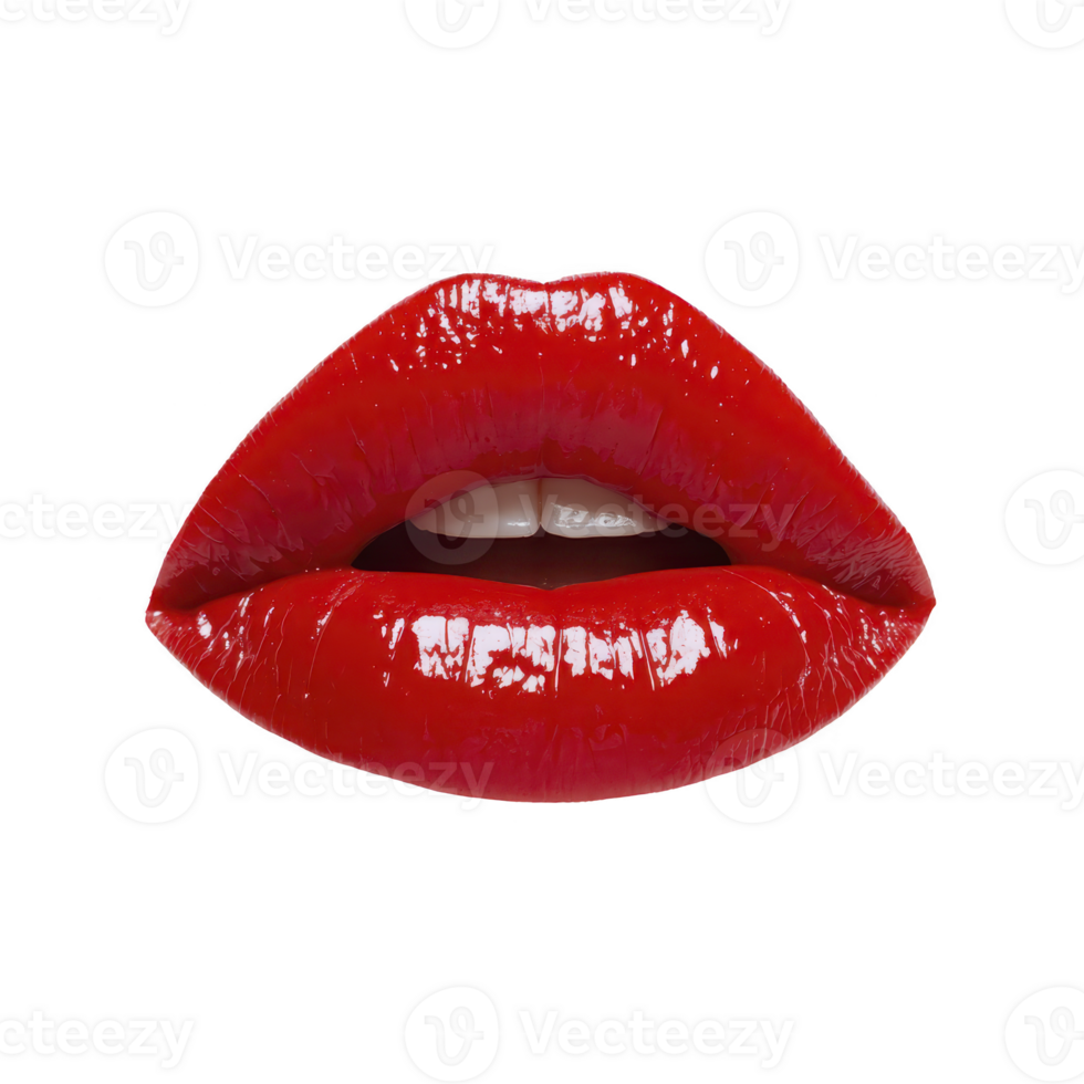 Glossy red lips with shiny finish, showcasing bold and vibrant look. close up image highlights smooth texture and vivid color, creating striking and glamorous appearance png
