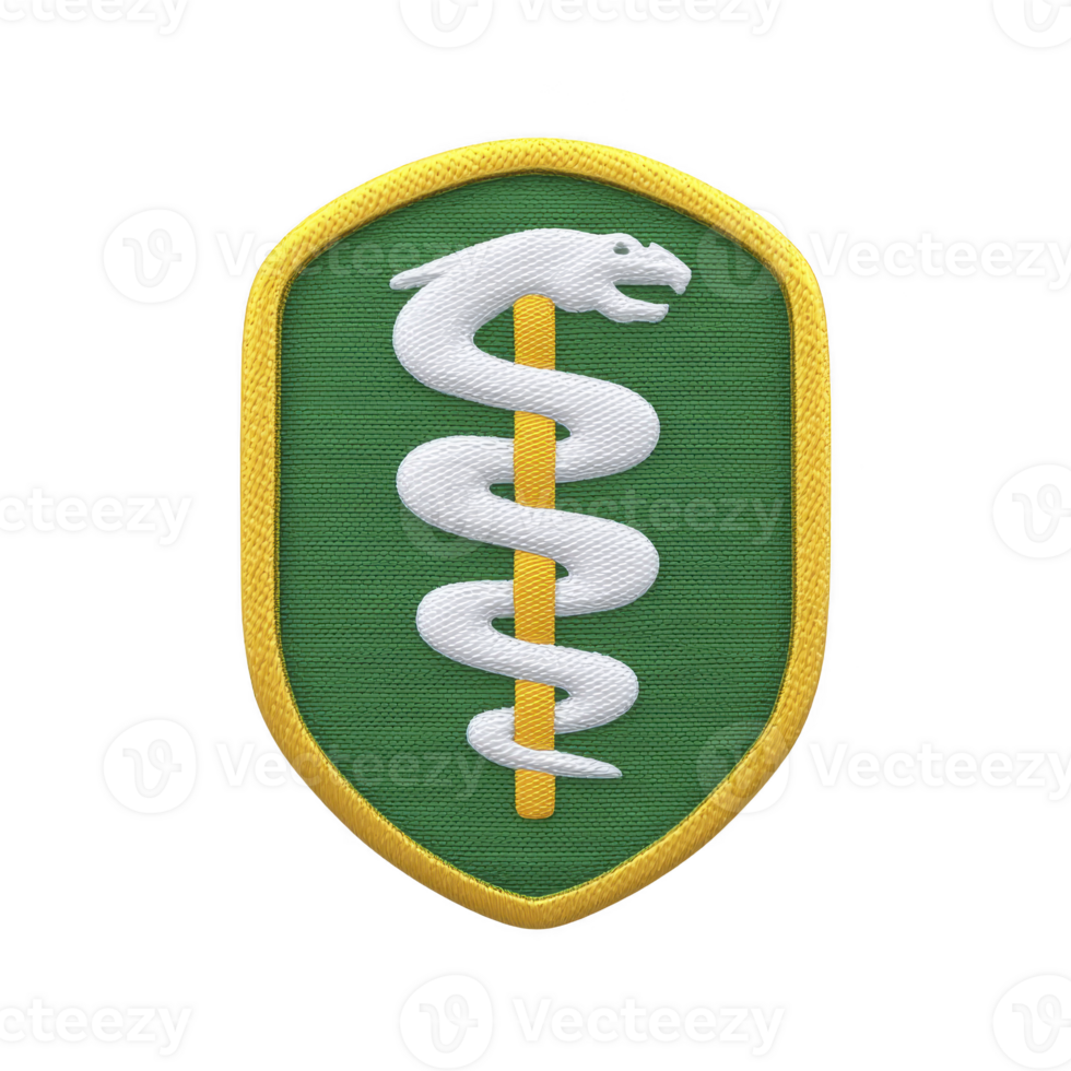 Green and yellow embroidered patch features white serpent coiled around staff, symbolizing medicine and healing. design is enclosed within yellow border, conveying sense of authority and care png