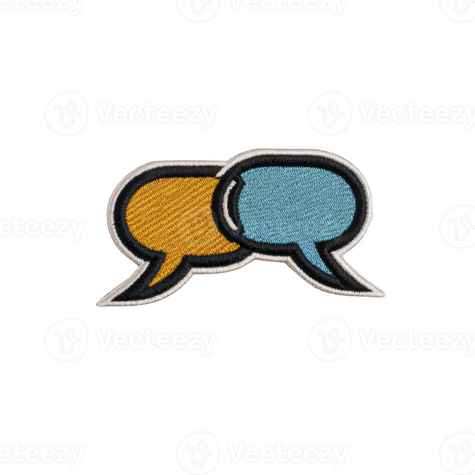 Two overlapping speech bubbles, one orange and one blue, are depicted in patch style on transparency background, symbolizing communication and dialogue png