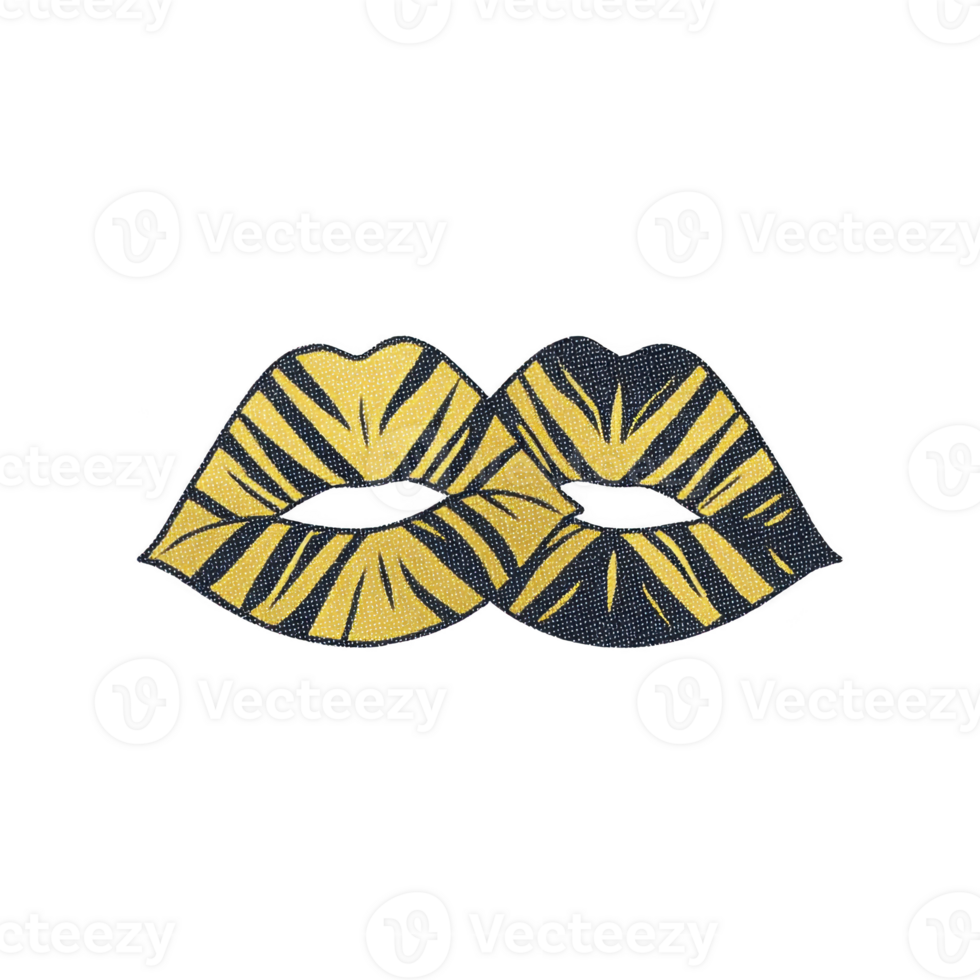 Pair of stylized lips with bold, graphic design featuring gold and black stripes, creating striking and modern pop art effect png