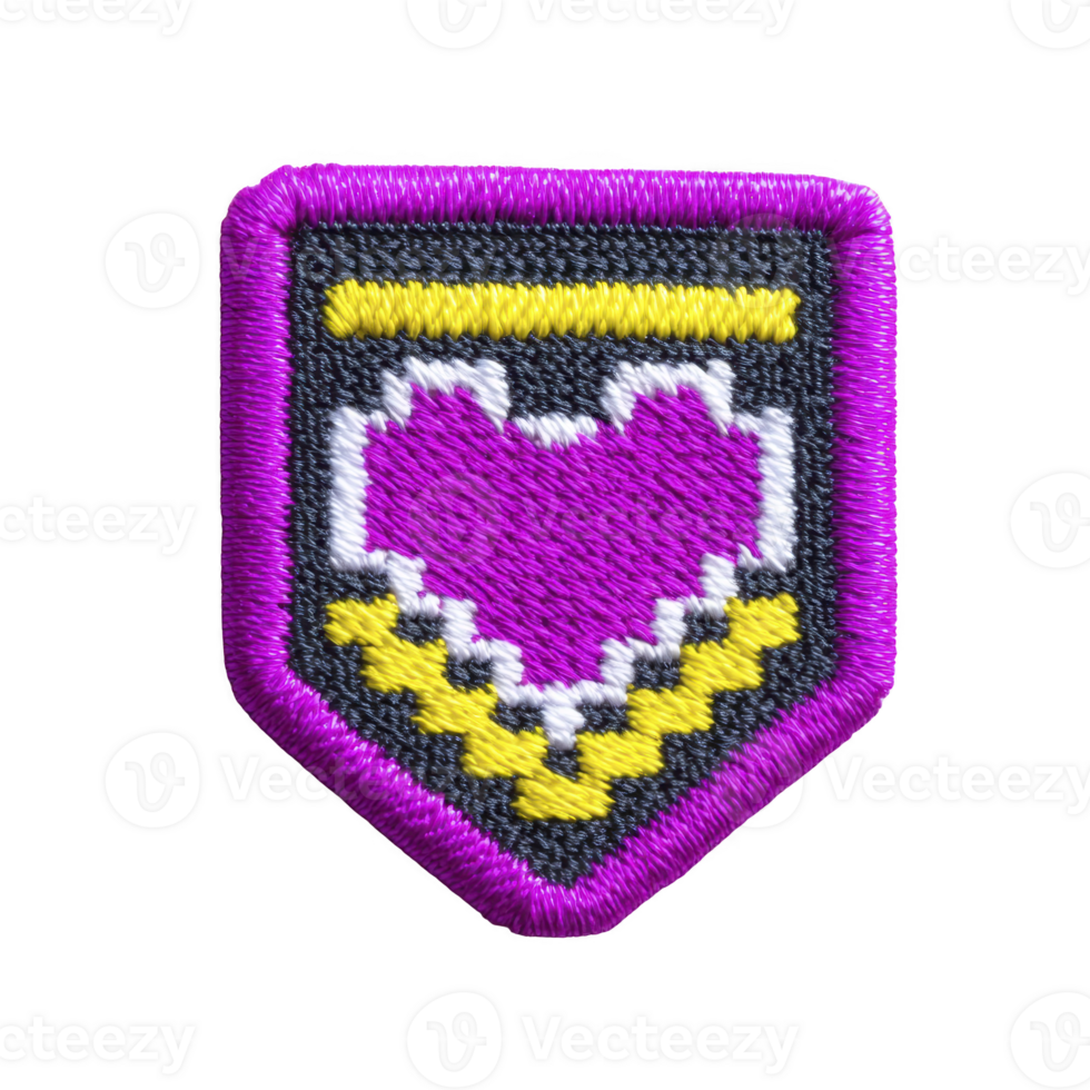 Vibrant embroidered patch features pixelated purple heart design with yellow accents, bordered by bright purple edge. patch has retro, digital art style, evoking sense of nostalgia and creativity png