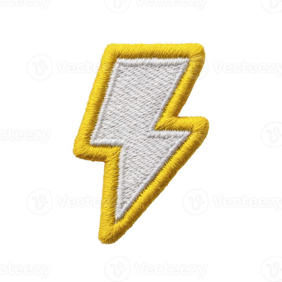 Yellow and white lightning bolt patch with embroidered edges, symbolizing energy and power. patch is designed for clothing or accessories, adding bold statement png