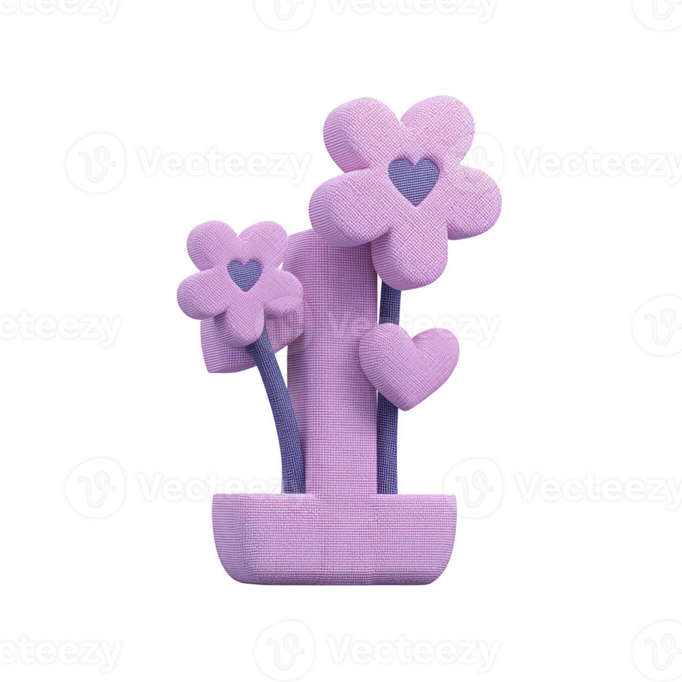 Purple flower sculpture with heart accents in pot, featuring whimsical and playful design. textured surface adds unique touch to charming decor piece png