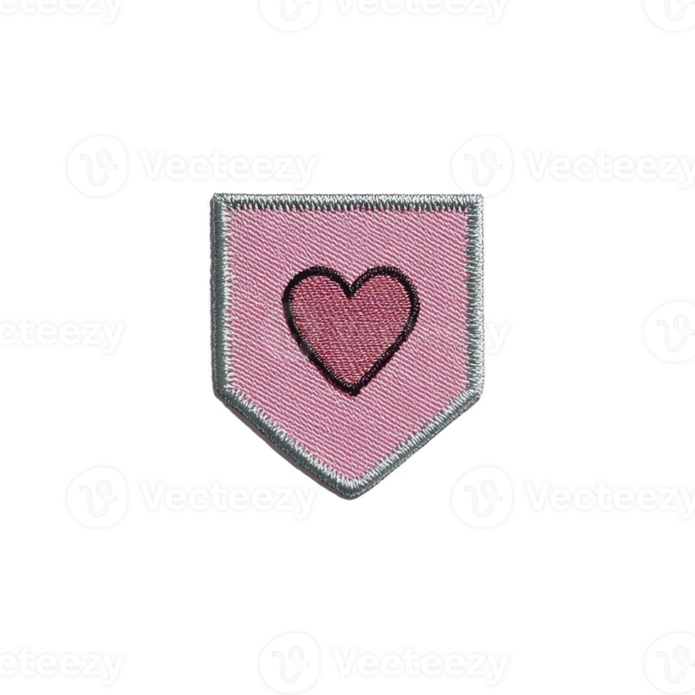 Pink embroidered patch with heart design in center, featuring silver border. patch is shaped like shield and has textured fabric appearance, conveying sense of warmth and affection png