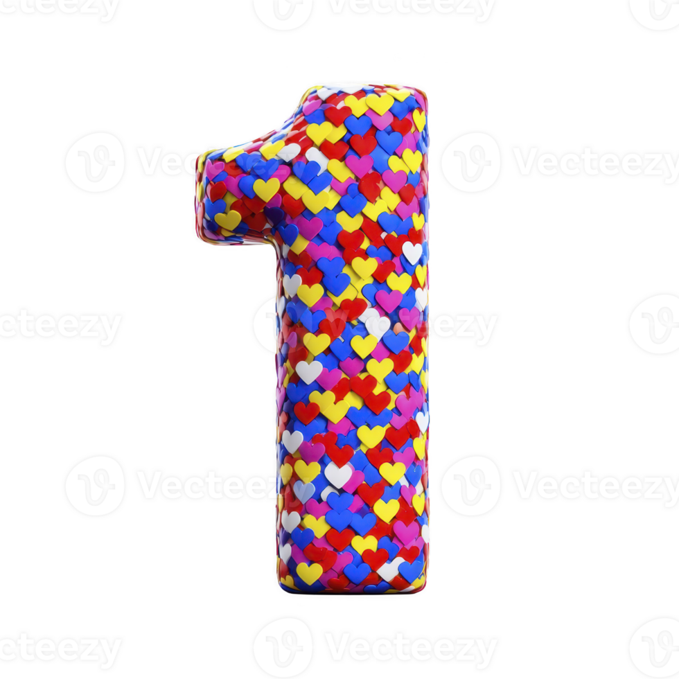 Colorful number one is covered in vibrant heart patterns, creating playful and cheerful design. hearts are in various colors, adding lively and festive touch to numeral png