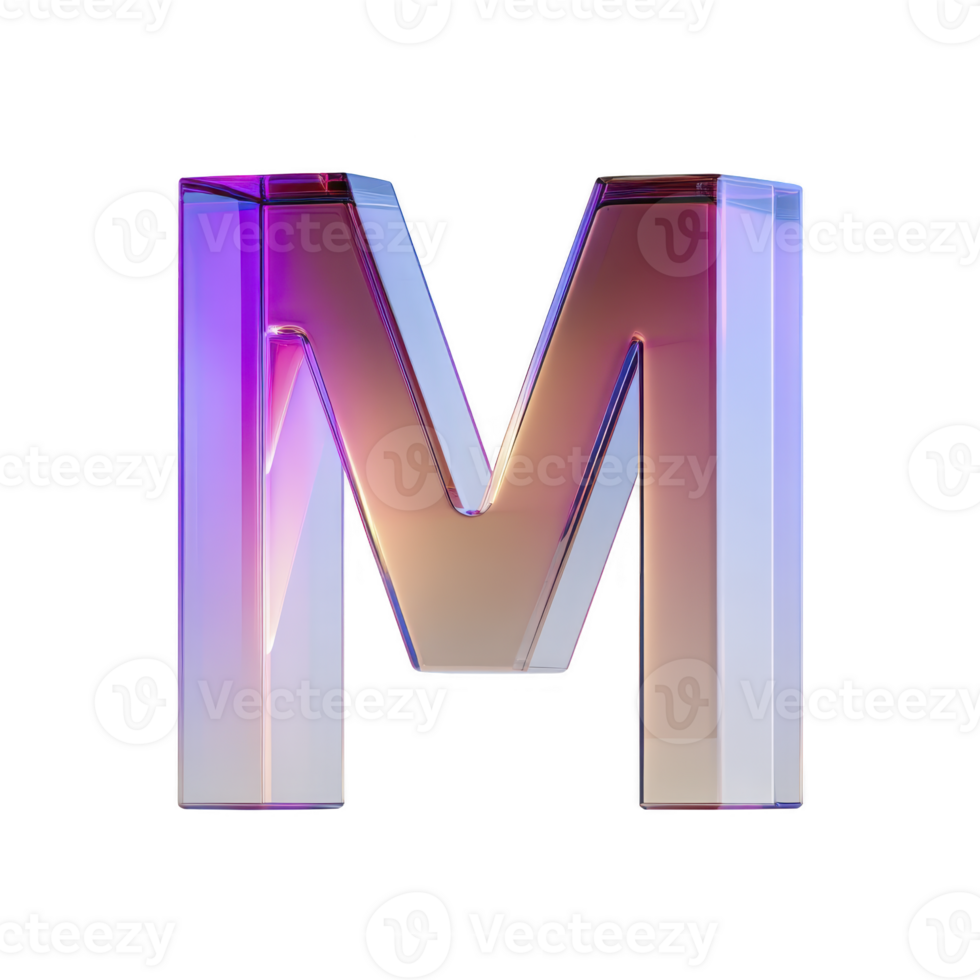 3D glass letter M with gradient of purple, pink, and blue hues, reflecting light and creating modern, futuristic look. transparent material adds depth and elegance png