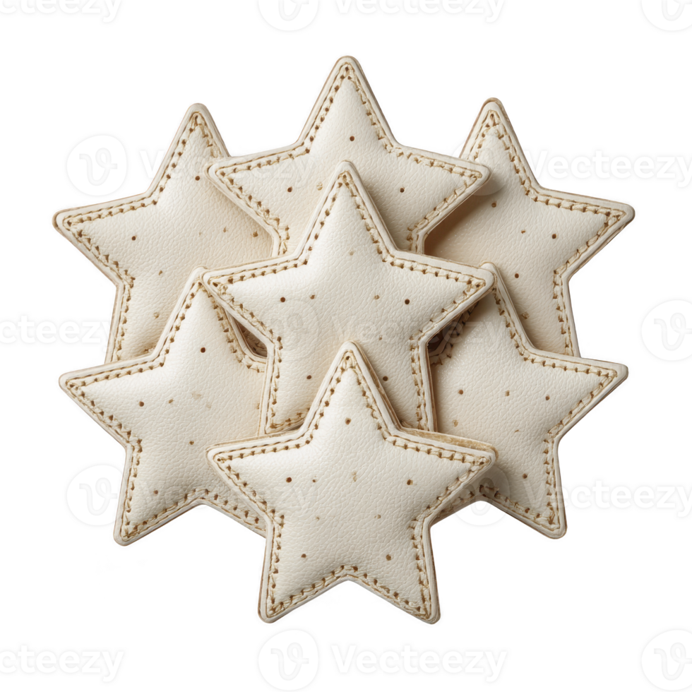 Collection of six cream colored star shaped cushions with stitched edges, arranged in cluster. soft texture and neutral tone create cozy and inviting atmosphere png