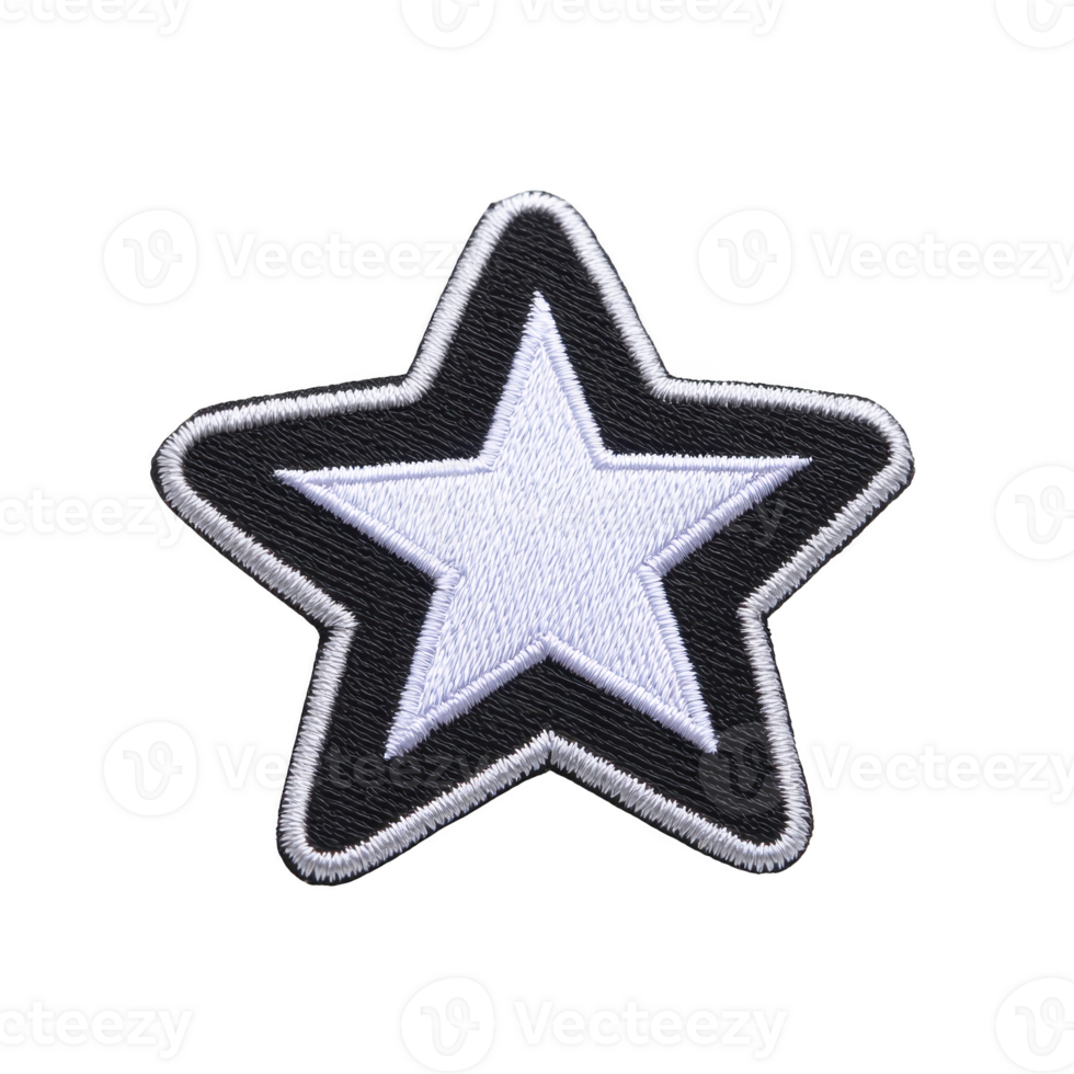Star shaped embroidered patch with white center and black border, showcasing textured design. This patch can be used for clothing decoration or crafting projects png