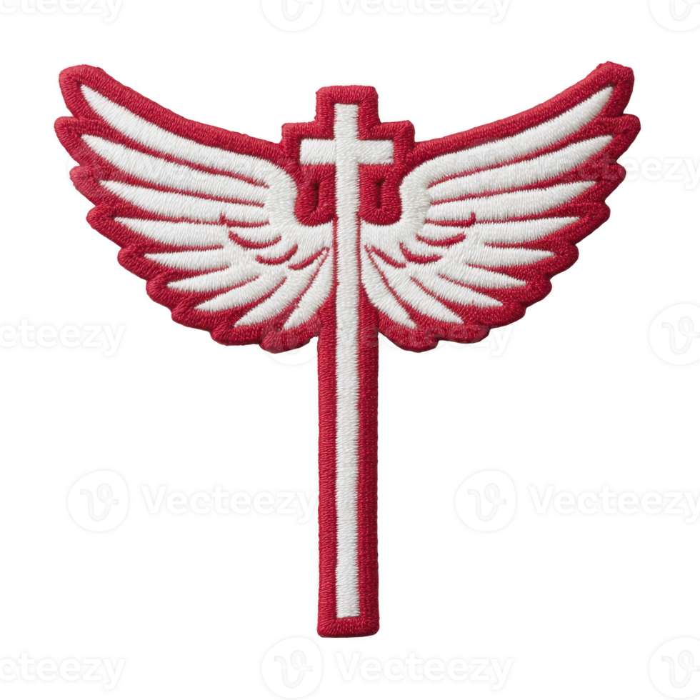 Red and white embroidered patch features cross with wings, symbolizing spirituality and protection. design is bold and striking, often used for decorative or symbolic purposes png
