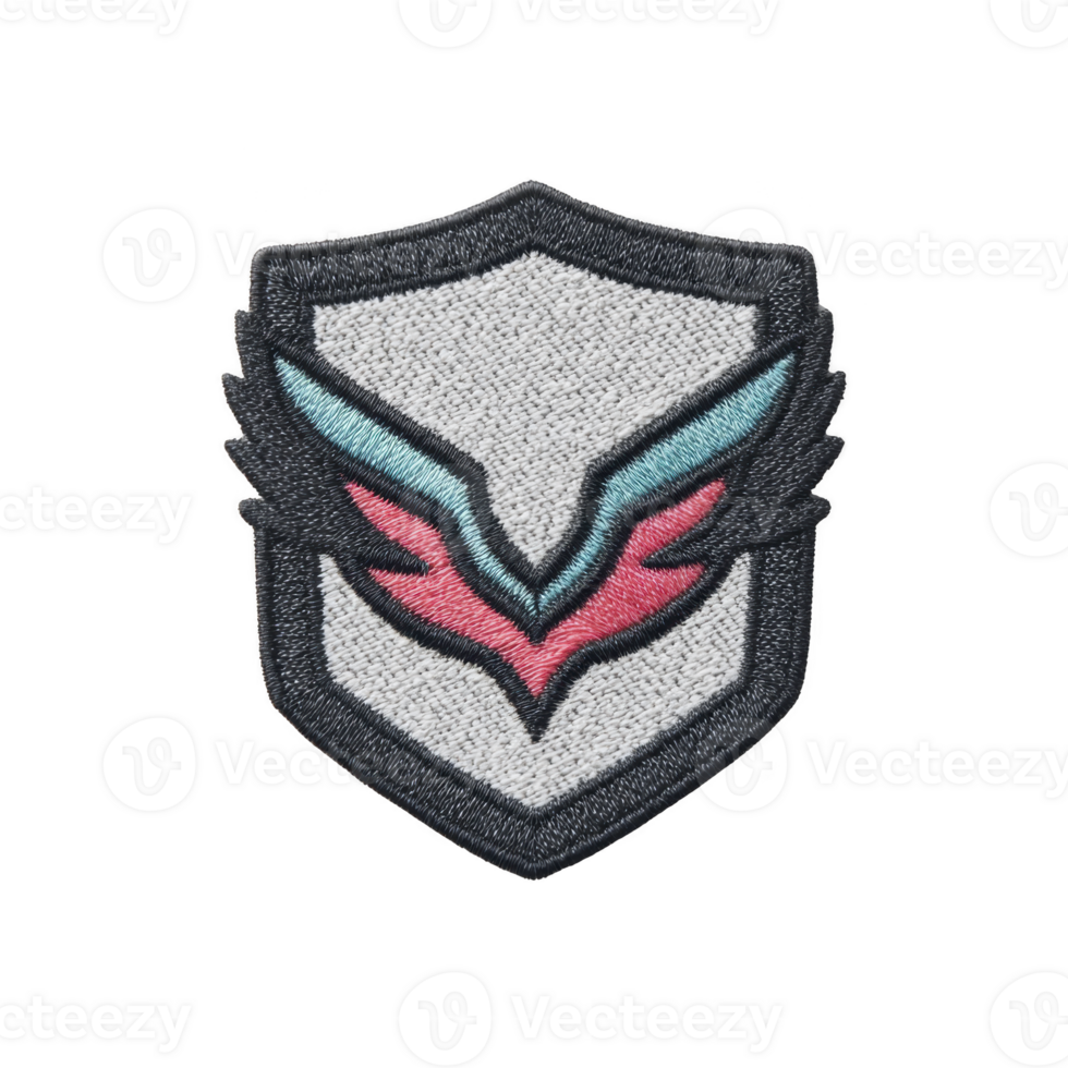 This features embroidered patch with shield design, incorporating stylized wings in blue and red. patch has textured appearance, suitable for clothing or accessories png