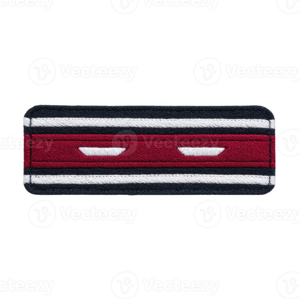 Rectangular embroidered patch with red center stripe, flanked by white and black borders, featuring two white geometric shapes png
