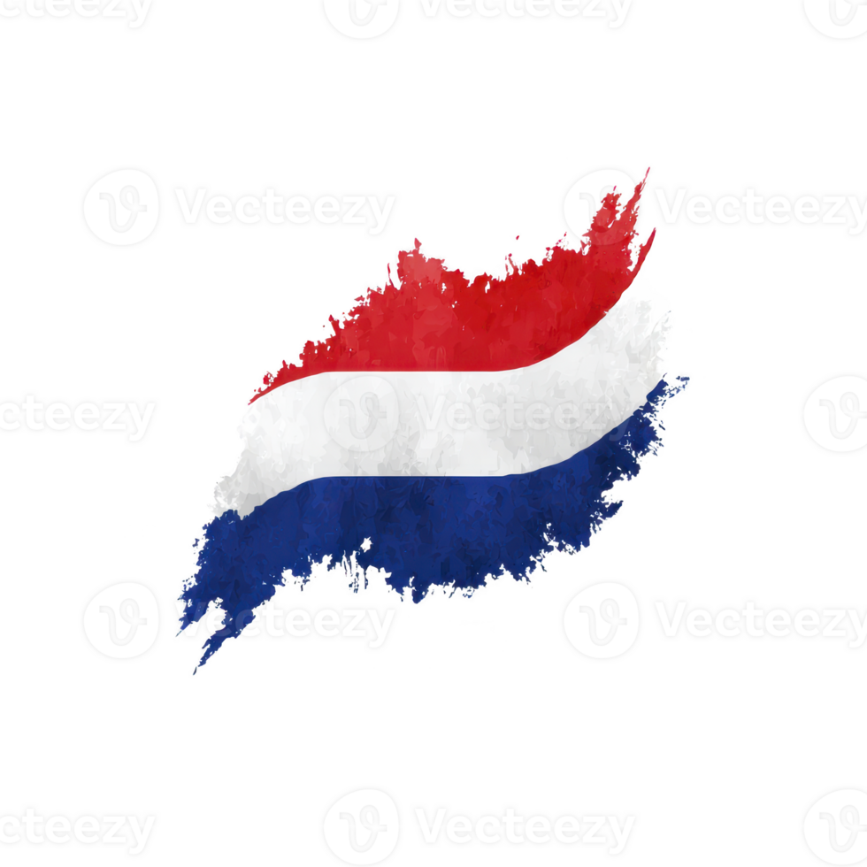 Image features creative brushstroke design of Netherlands flag, showcasing red, white, and blue colors dynamic and artistic style. flag appears to be painted with textured effect, giving it png