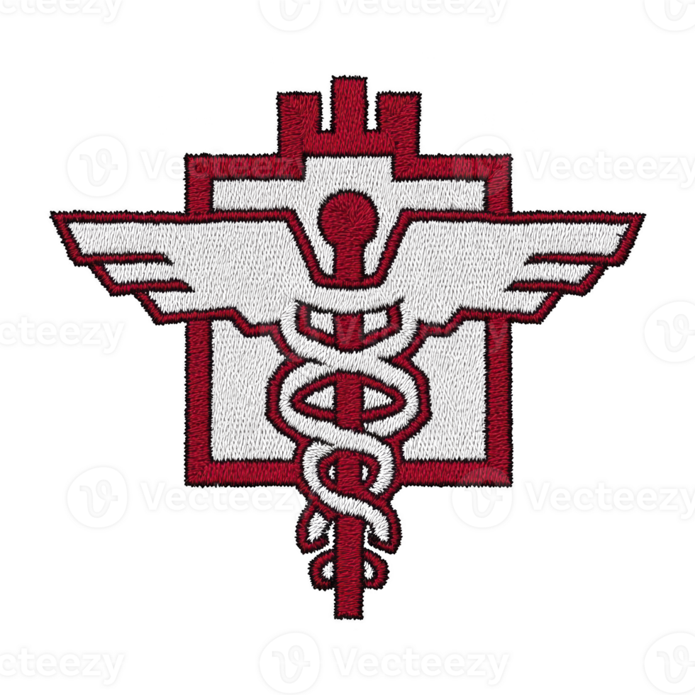 This features stylized emblem with caduceus symbol, often associated with medicine and healthcare, set against geometric background. design is embroidered with red and gray colors, giving it bold png