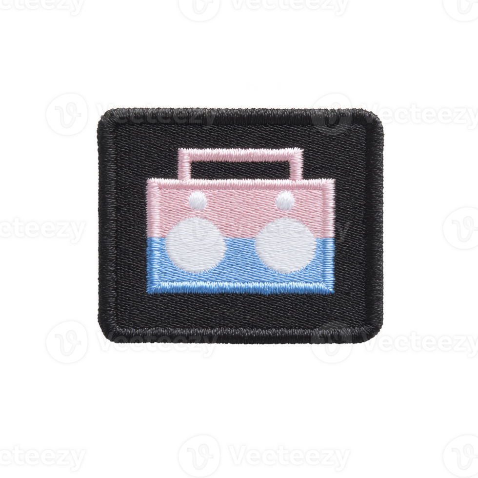 This features rectangular embroidered patch with design of pink and blue boombox transparency background. patch has playful and retro vibe.boombox patch with pink and blue design transparency png