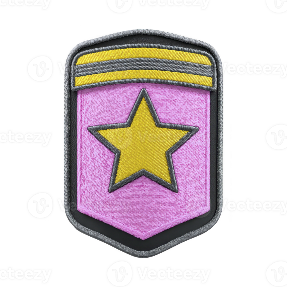 Colorful embroidered patch features yellow star on pink background with gray and yellow stripes, symbolizing achievement or rank png