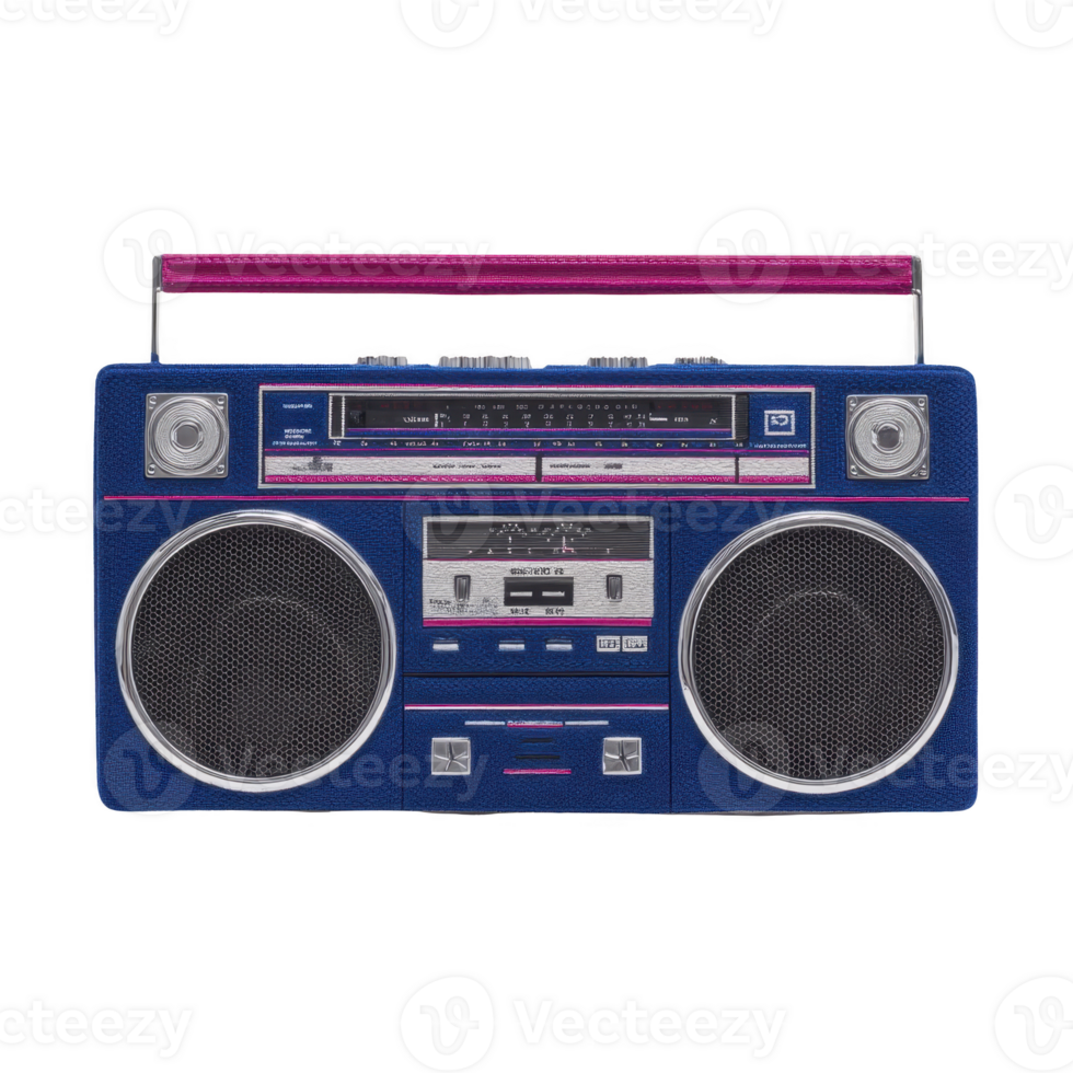 Vintage blue and pink boombox with large speakers and handle, showcasing retro design and nostalgic appeal. boombox features dials and cassette player, evoking classic 1980s vibe png